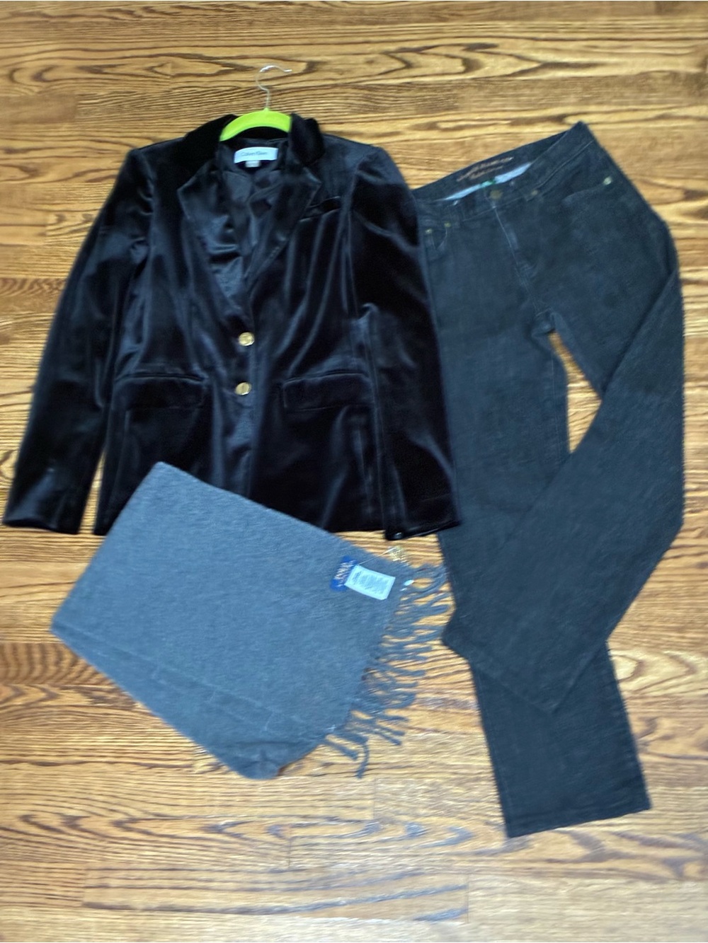 CK black velvet blazer with tags, Polo RL wool window pane scarf, Lauren RL jean